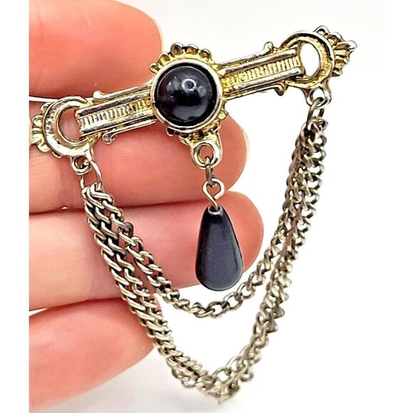 Vintage 1980s Edwardian Style Brooch Plastic Dangle Beads Chain Military 2.5in - Picture 1 of 3